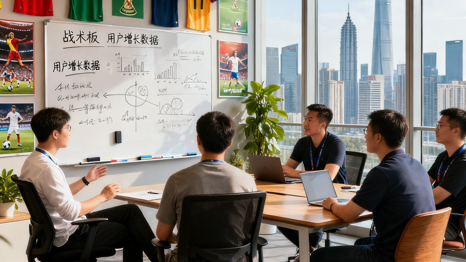 世界杯球迷论坛核心团队在北京办公室的开放式会议区讨论产品方案，白板上写满战术板和用户增长数据，墙面装饰着各国球衣和世界杯海报，窗外可见CBD天际线。