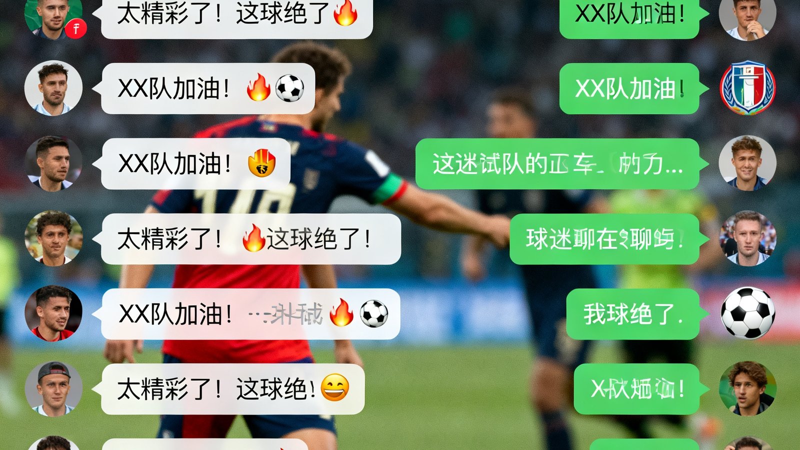球迷论坛聊天室界面截图，显示数百条实时讨论消息，用户头像各异，消息气泡中充满对比赛的激情点评和表情符号，右侧显示在线人数3285人。